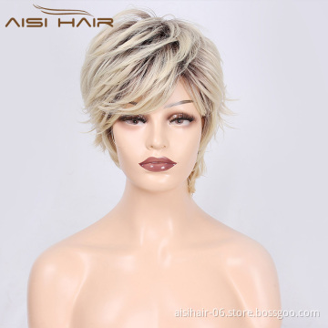 Aisi Hair Wholesale Short Straight Pixie Cut Wigs With Brown Roots For Women Ombre Blonde Heat Resistant Cheap Wig